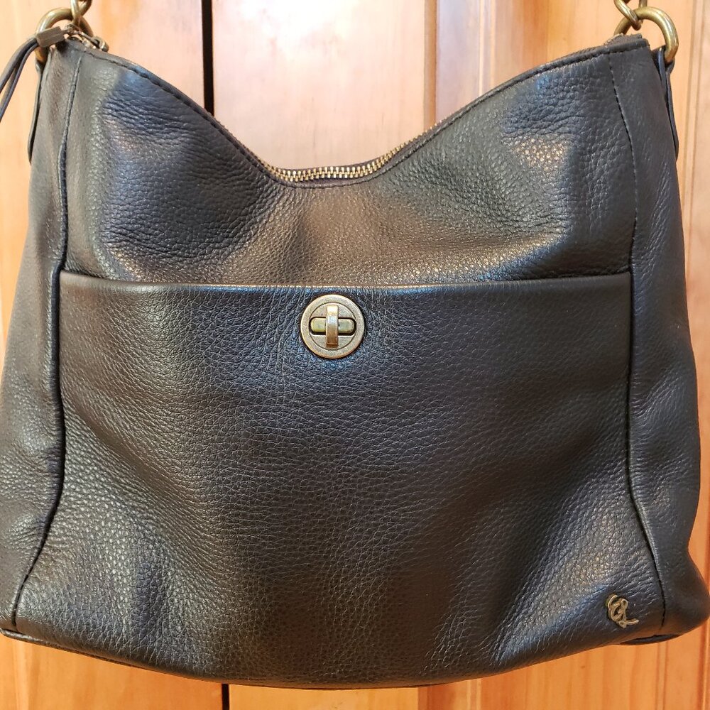 Elliott Lucca Black Genuine Leather Shoulder Bag Brass Accents